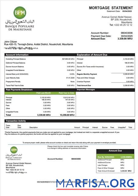 Blank Mauritania Banque Populaire de Mauritanie (BPM) mortgage statement Word and PDF template